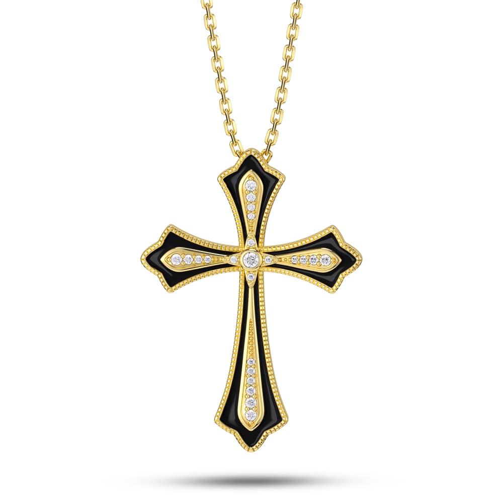 Gold Over Sterling Silver Black Enameled 2024 Cross with Five Crystals