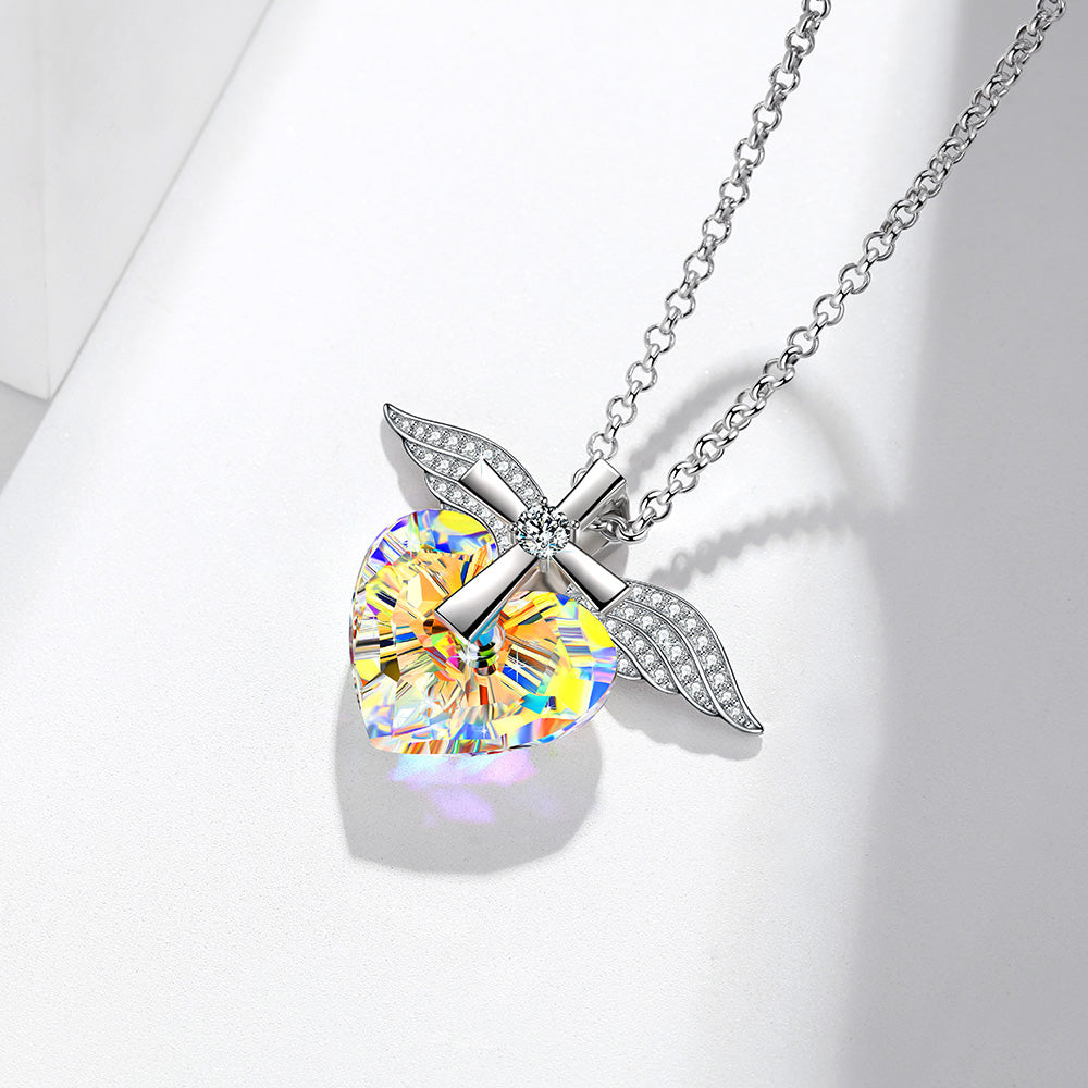 Heart Crystal Angel Wings Cross Necklace