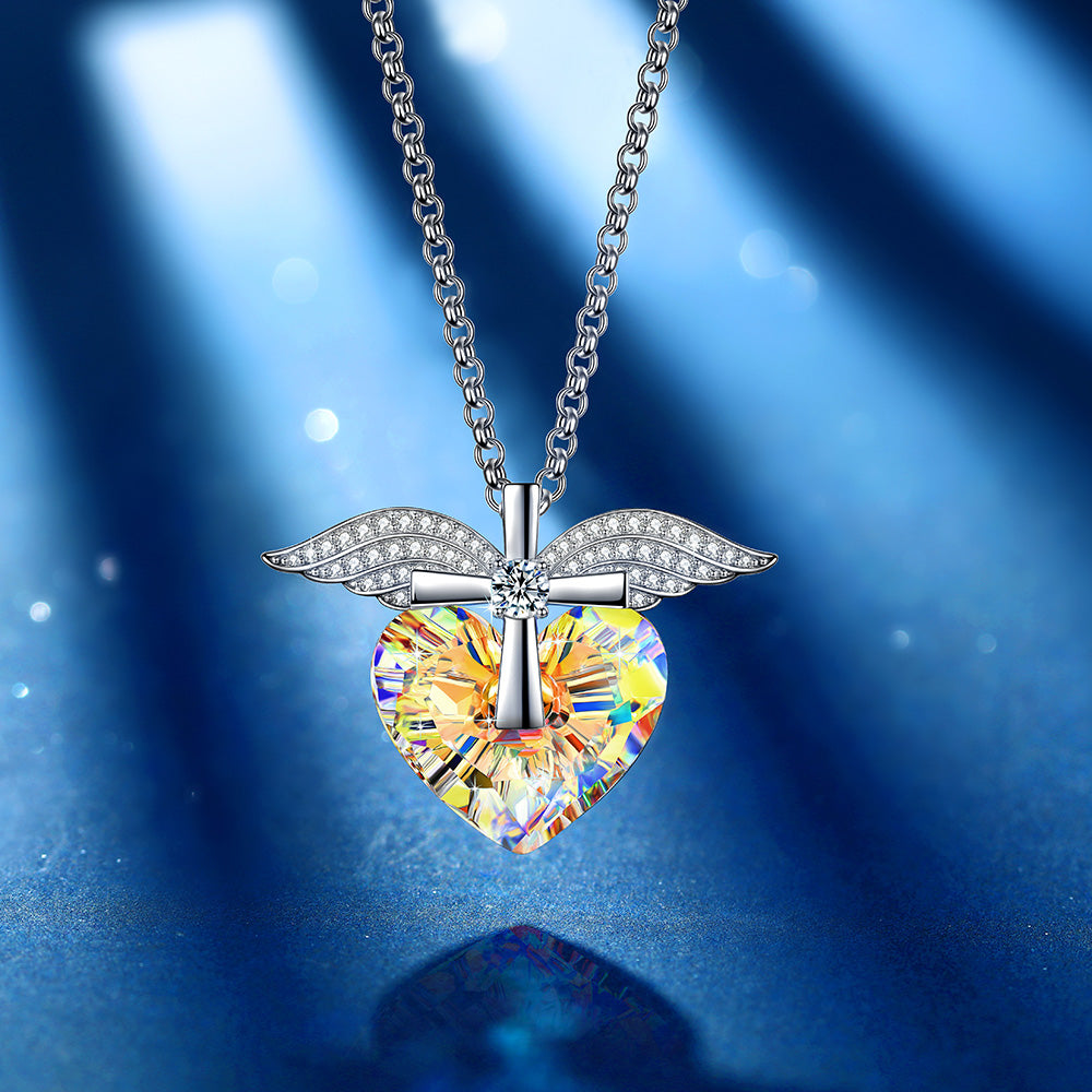 Heart Crystal Angel Wings Cross Necklace