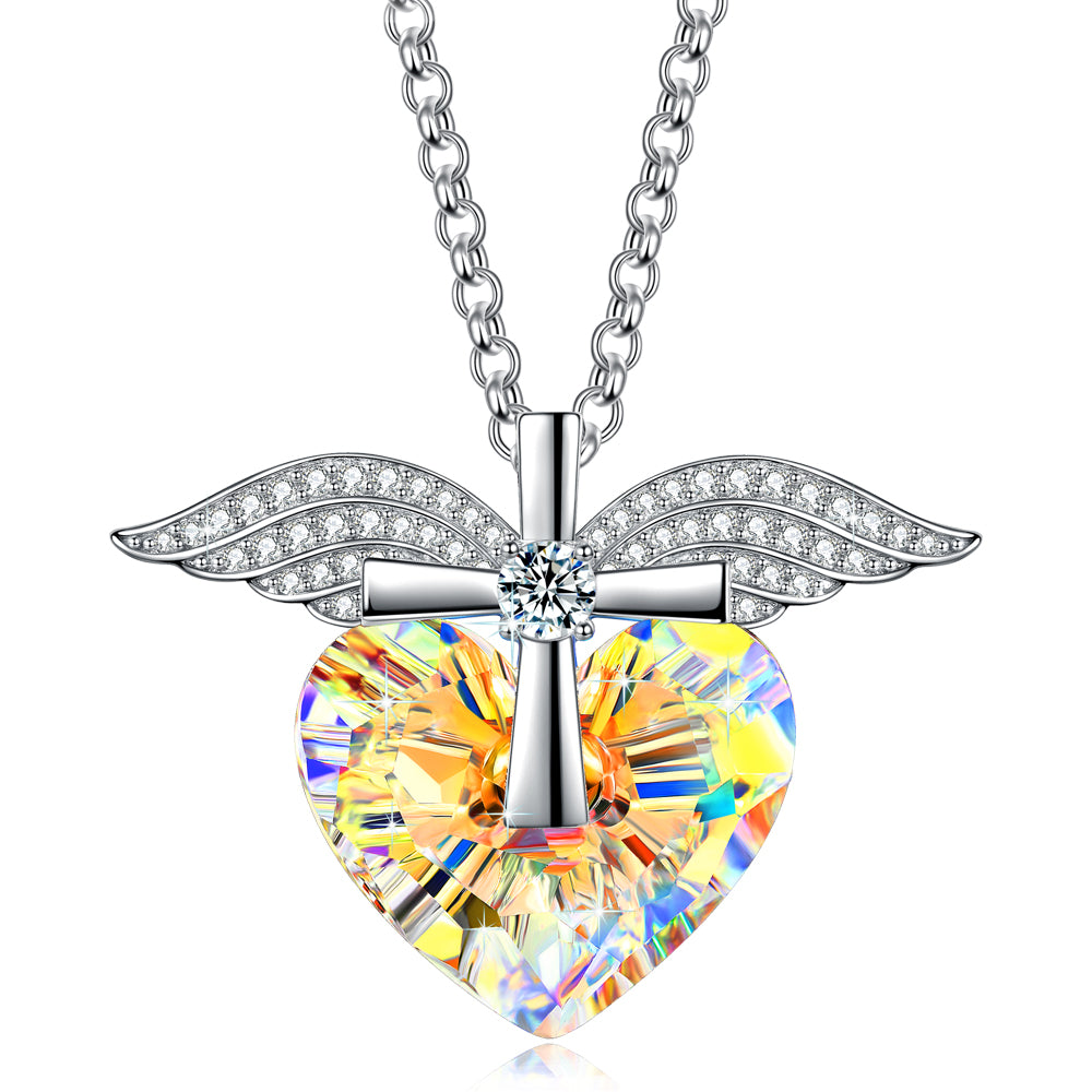 Collier croix ailes d'ange en cristal coeur 