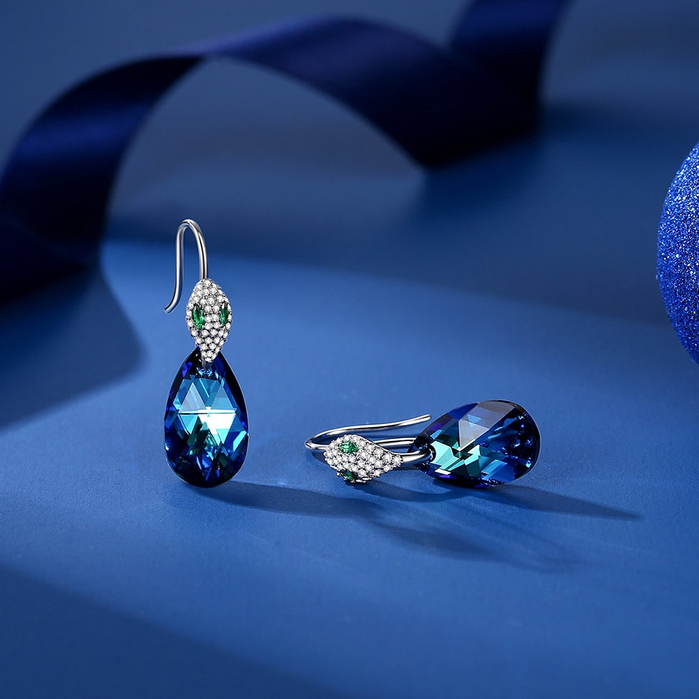Sterling Silver Snake Swarovski Pear shaped Crystal Earrings Jewelry